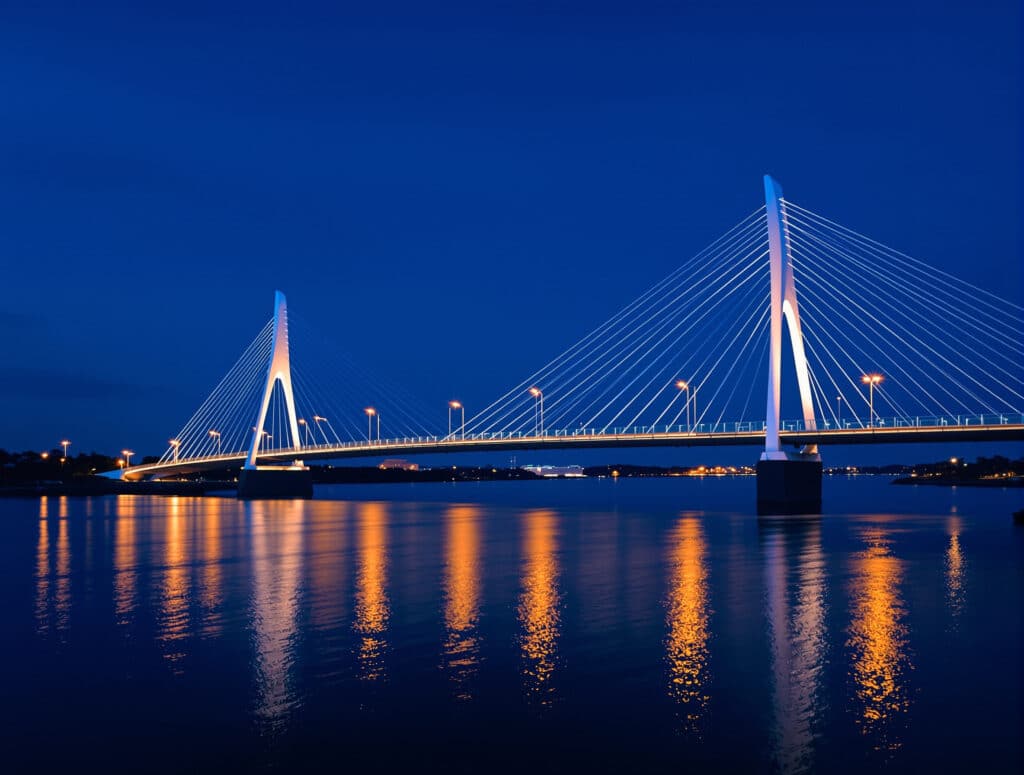 Cable-stayed bridge lit at blue hour over calm water, a bridge between digital assets and corporate registration