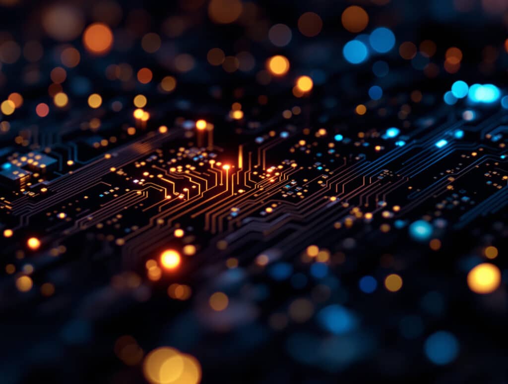 Abstract electronic circuit board with amber and blue lights, representing crypto-assets contributed to company capital