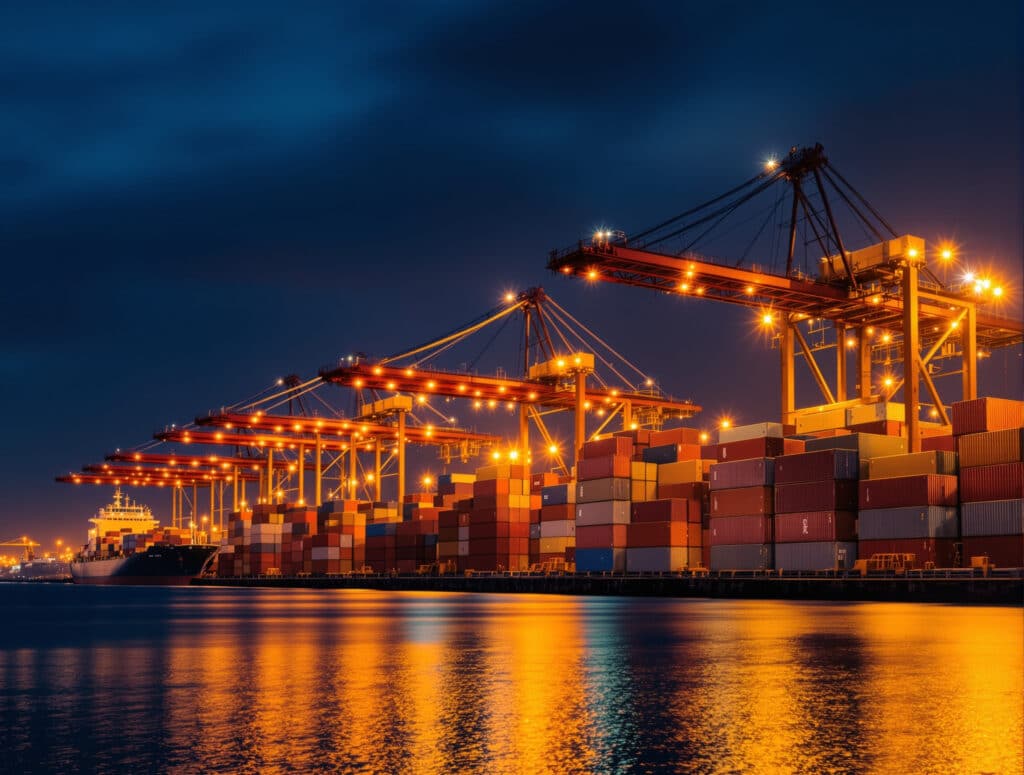 Cargo containers and gantry cranes at a shipping port at dusk, representing cross-border e-commerce into Argentina