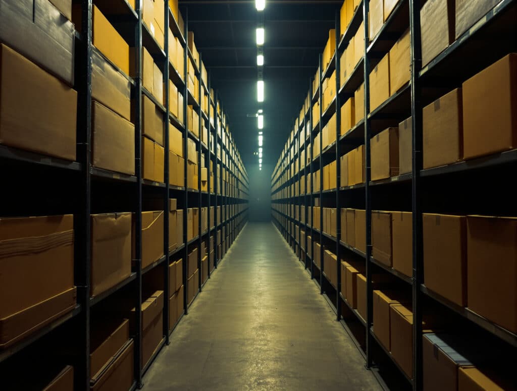 Long aisle of paper archive shelves, the paper-based registry process being replaced by digital filing