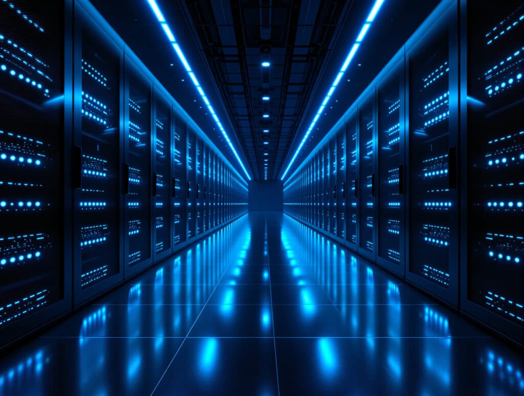Data center corridor lit in blue, representing the IGJ digital procedures platform