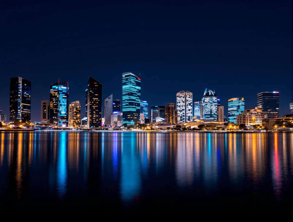 City skyline reflected on the water at night, evoking digital corporate filings in Argentina