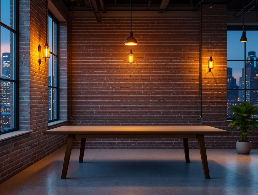 Empty startup office with exposed brick, pendant lights and city view at dusk