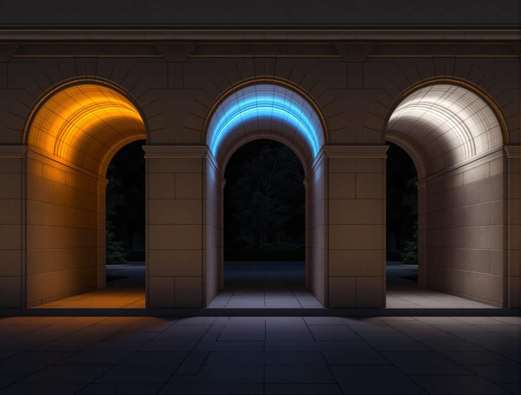 Three stone archways lit in amber, blue and white, representing three company structures to choose from