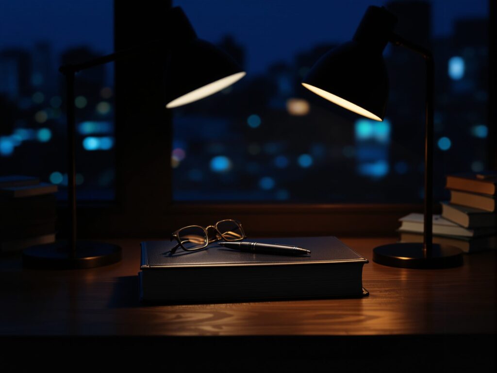 Closed hardcover book with a pen and glasses on a desk at night