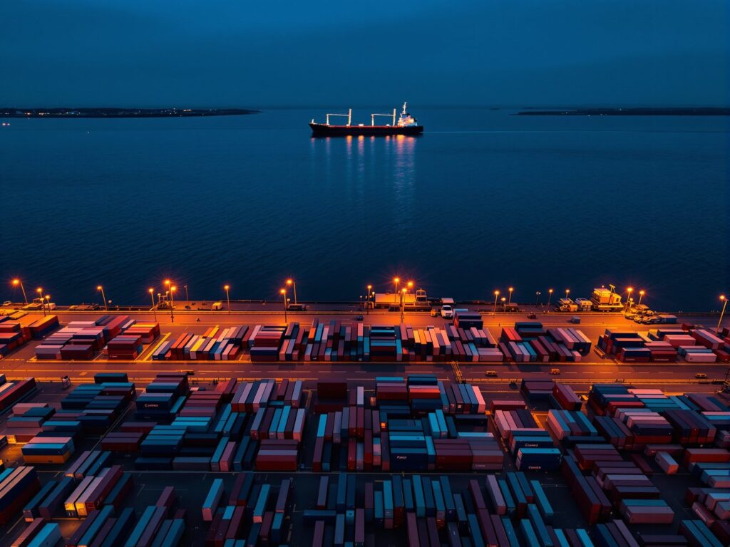 Aerial view of a container terminal with stacked containers at blue hour
