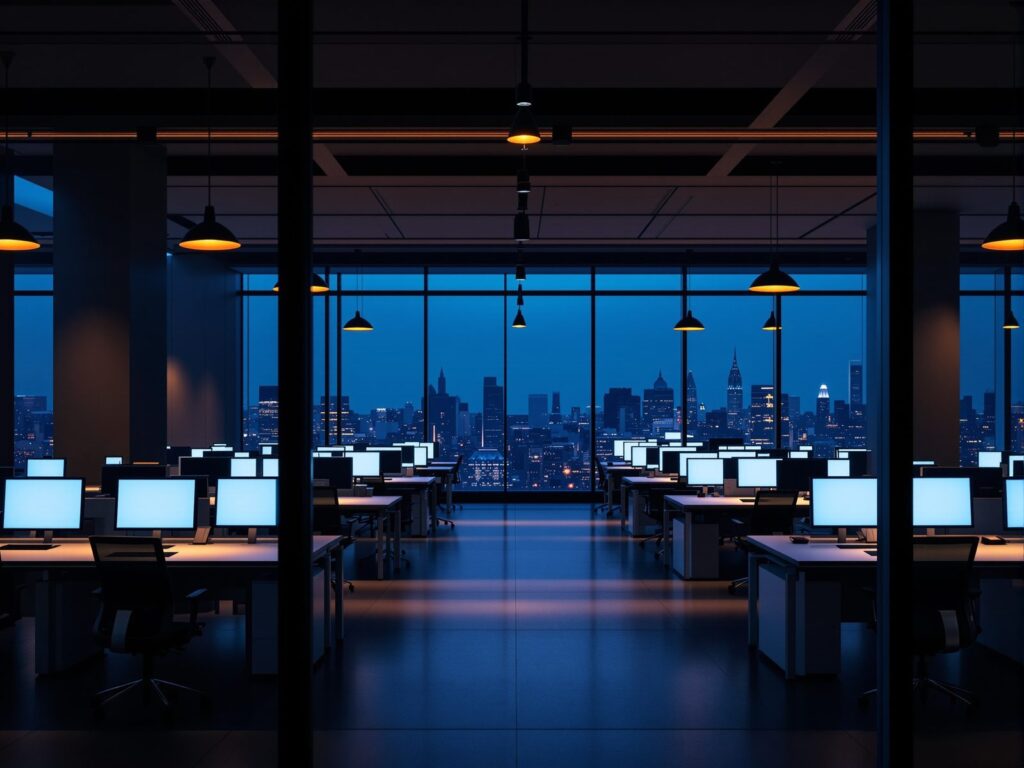 Empty open-plan office at dusk with tidy desks and a city skyline