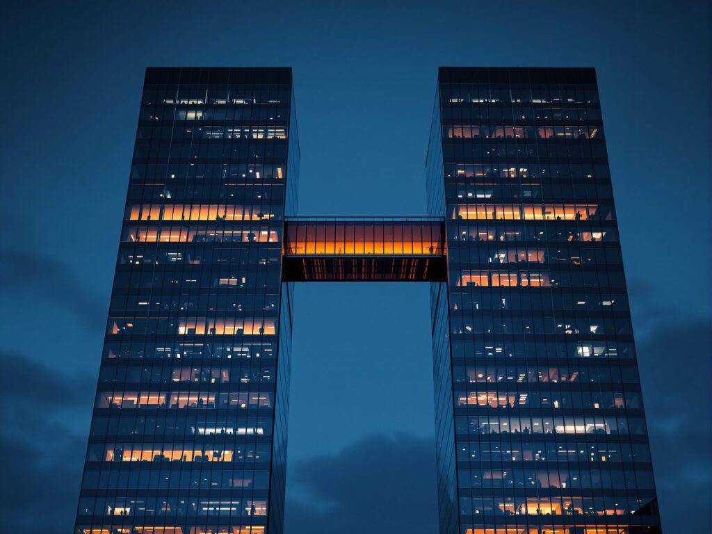 Two glass office towers connected by a skybridge at dusk