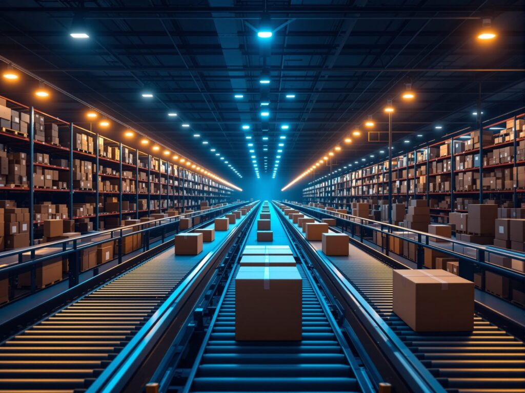 E-commerce fulfillment warehouse with parcels moving on conveyor belts at night